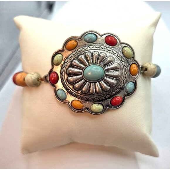 Bohemian-Style Turquoise & Multi-Color  Bracelet With Silver Tone Centerpiece - Picture 1 of 2